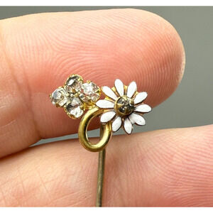 Antique Victorian Gold Filled Stick Pin White Enamel Flower Rhinestones Dainty